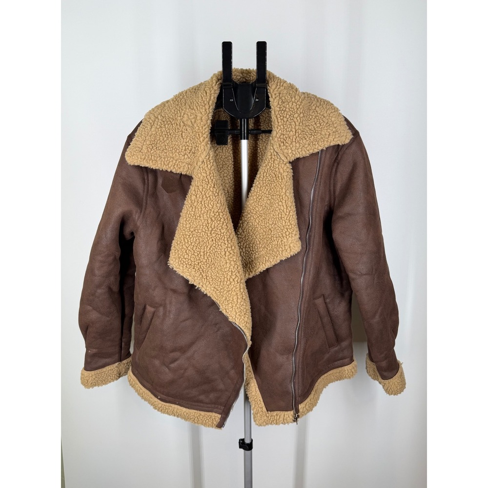 PrettyLittleThing Brown Faux Suede Shearling Aviator Biker Jacket Womens US 6
